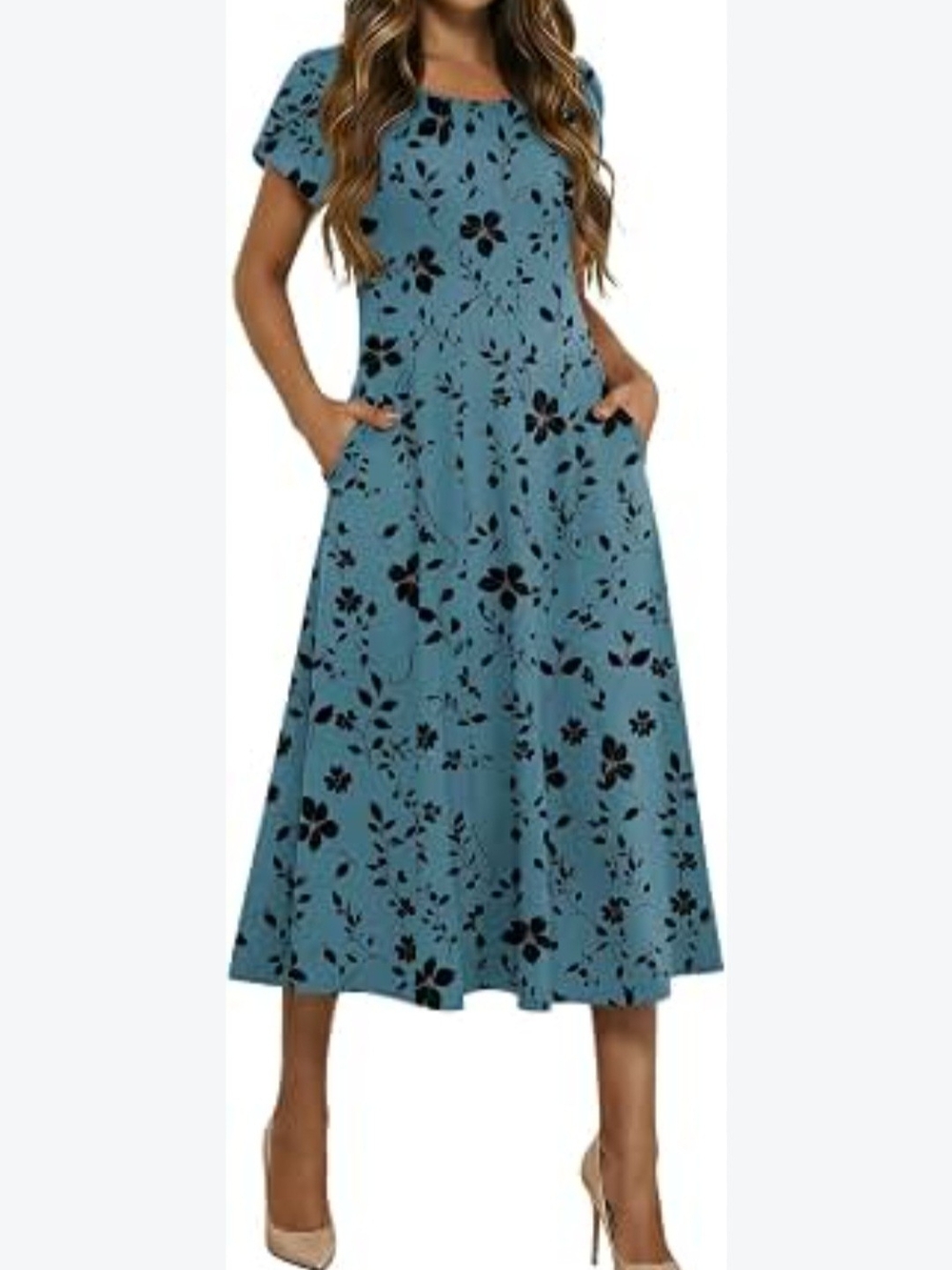 Teal Floral Short-Sleeve Midi Dress with Pockets